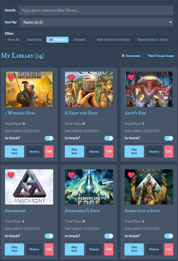 Game library with cover art, favourites and Oracle toggles