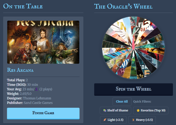 The Oracle's Wheel next to the game currently on the table