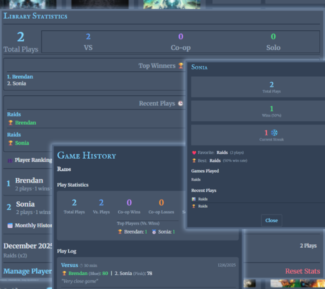 Library statistics, player rankings and a game's history